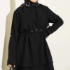 Waist-Emphasized French Terry Knit Dress with Hem Edge Black – Bild 2