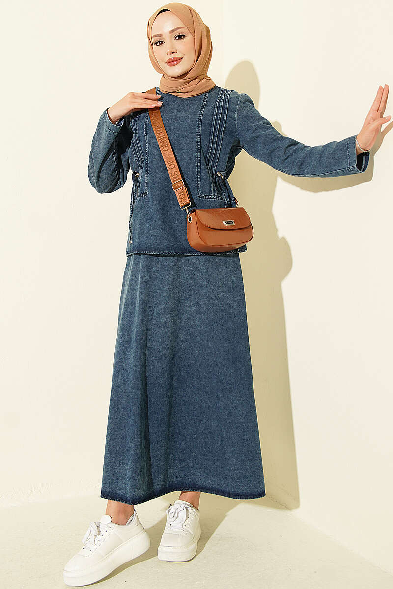 High-Waisted Ribbed French Terry Two-Piece Set with Hem Edge Denim Blue