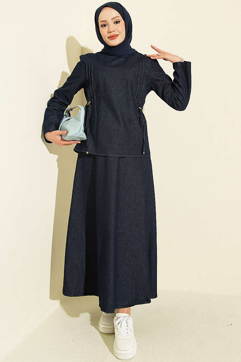High-Waisted Ribbed French Terry Two-Piece Set with Hem Edge Dark Blue