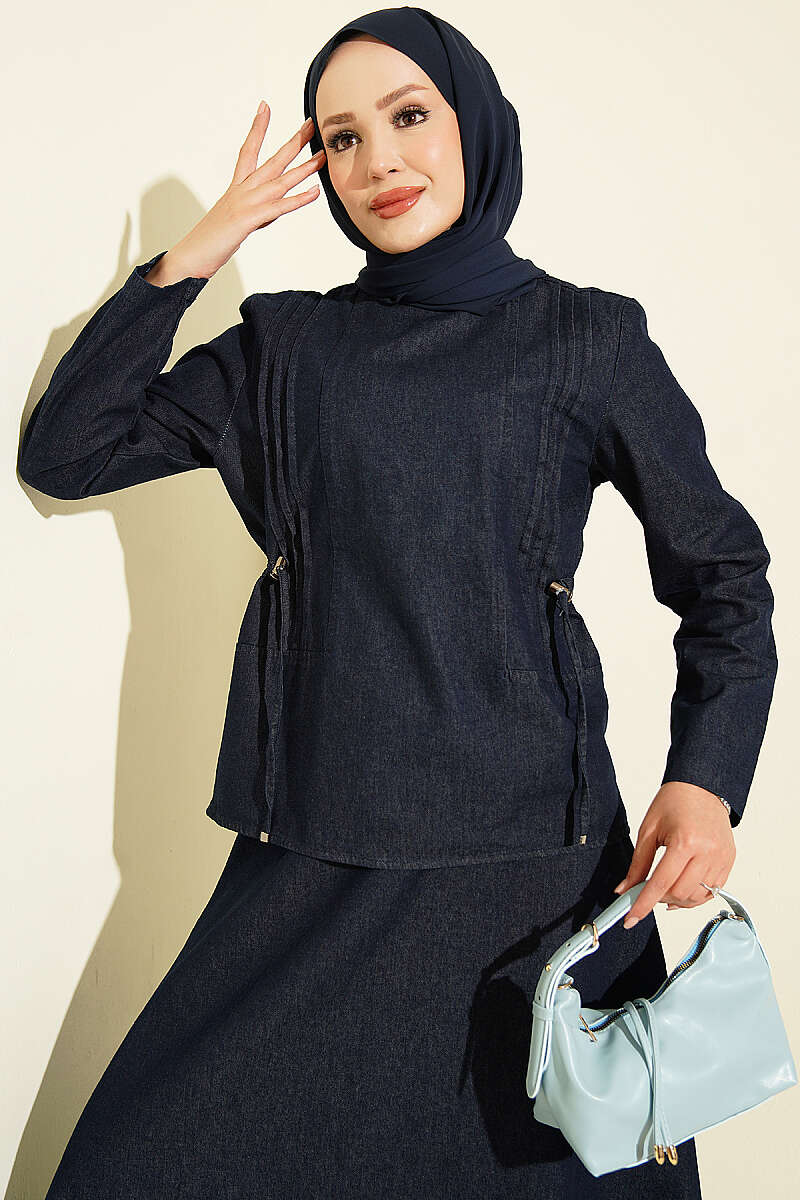 High-Waisted Ribbed French Terry Two-Piece Set with Hem Edge Dark Blue - Imagen 2
