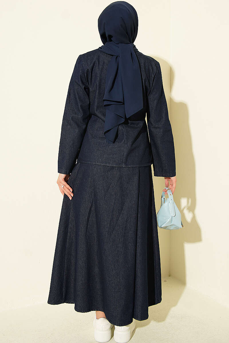 High-Waisted Ribbed French Terry Two-Piece Set with Hem Edge Dark Blue - Imagen 3
