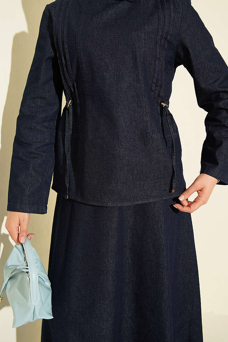 High-Waisted Ribbed French Terry Two-Piece Set with Hem Edge Dark Blue - Imagen 4