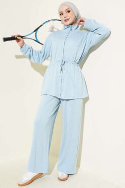 Waist-Elastic Ribbed French Terry Two-Piece Set Baby Blue