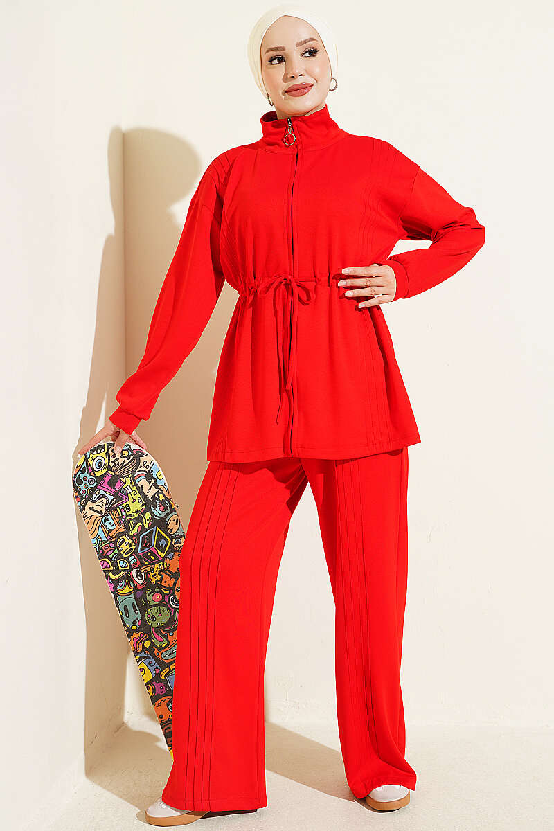 Waist-Elastic Ribbed French Terry Two-Piece Set Red