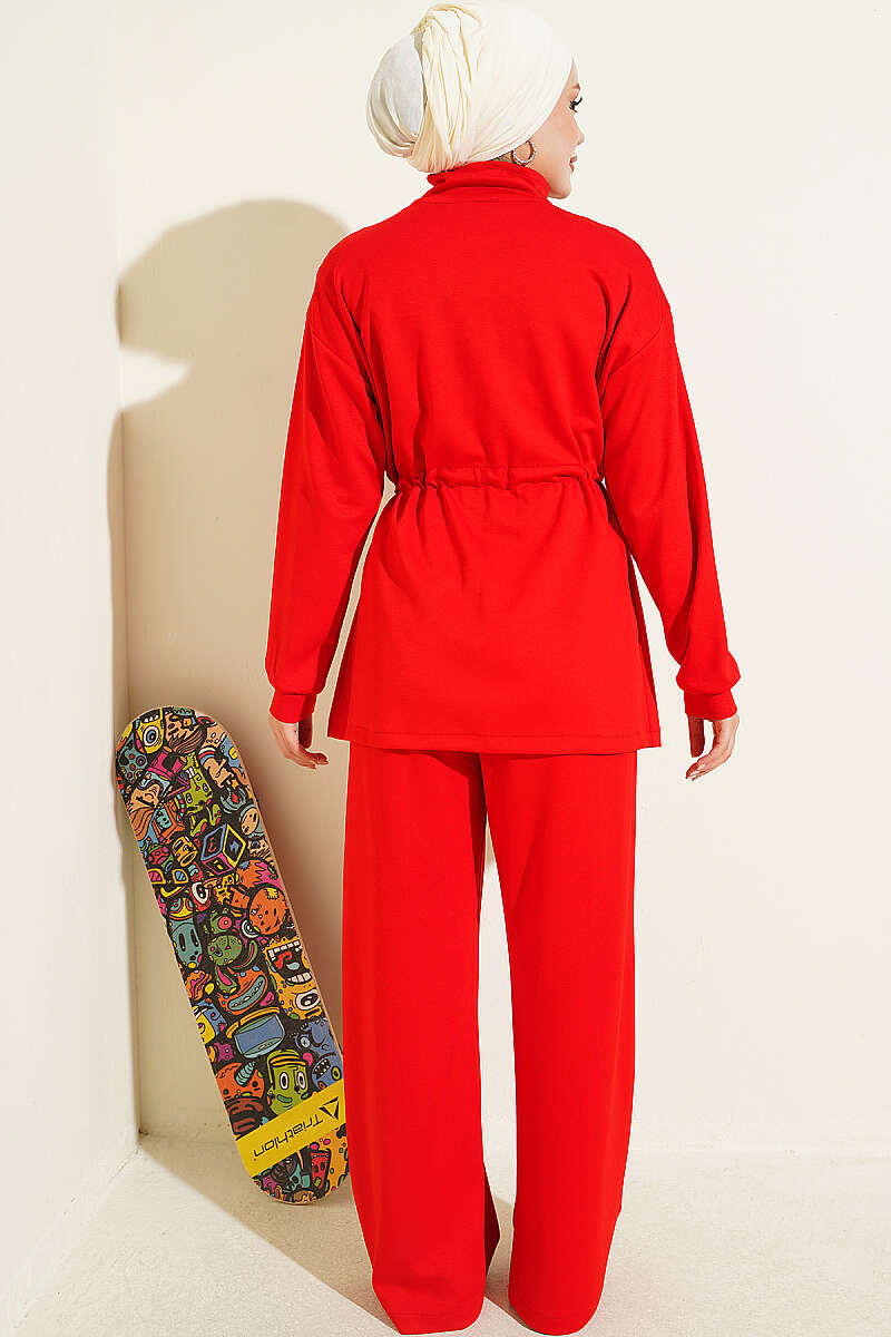 Waist-Elastic Ribbed French Terry Two-Piece Set Red - Image 3
