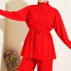 Waist-Elastic Ribbed French Terry Two-Piece Set Red - Image 2