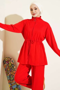 Alternative view of Waist-Elastic Ribbed French Terry Two-Piece Set Red