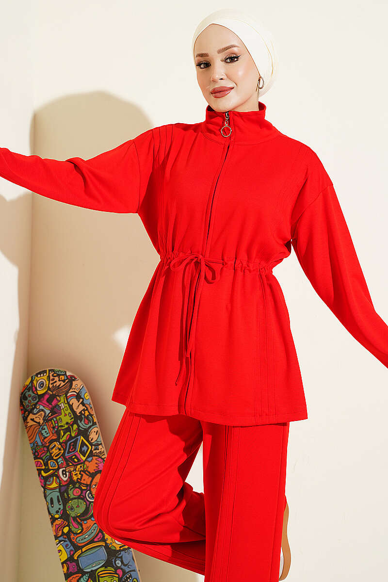 Waist-Elastic Ribbed French Terry Two-Piece Set Red - Image 2