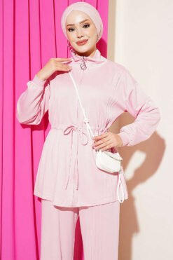 Alternative view of Waist-Elastic Ribbed French Terry Two-Piece Set Pink