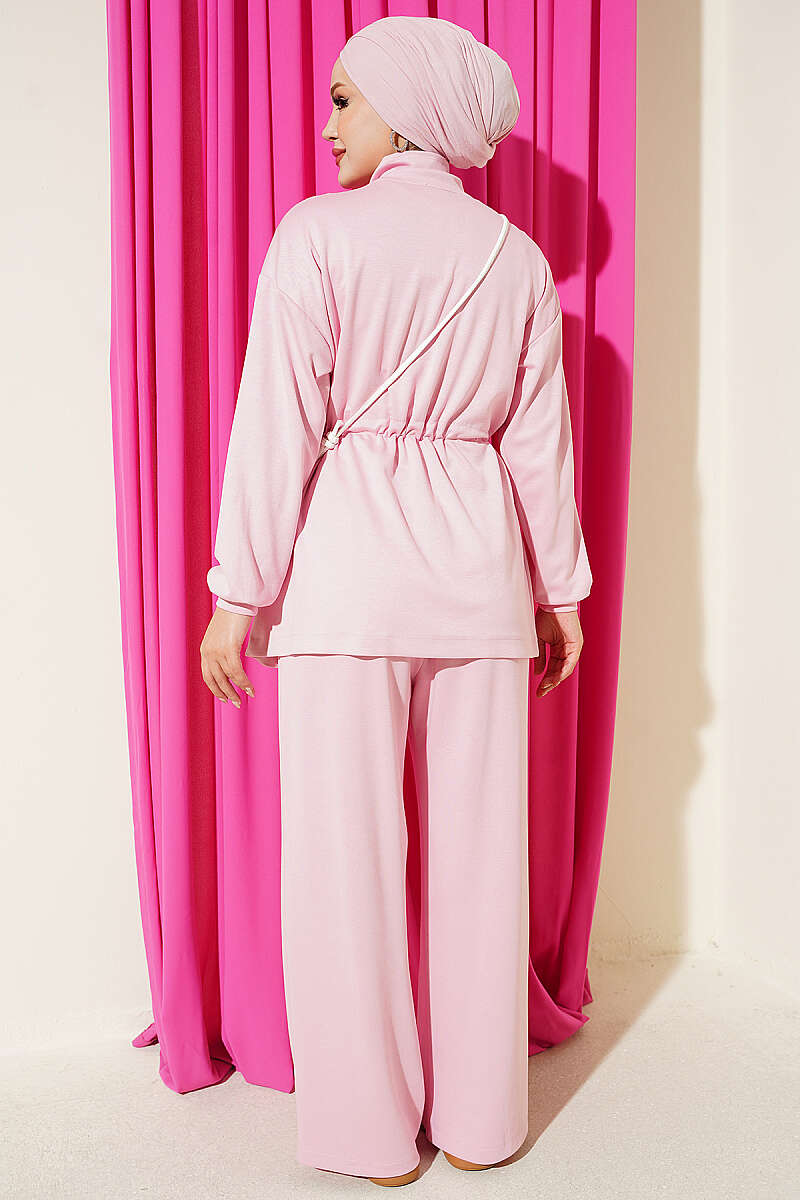 Waist-Elastic Ribbed French Terry Two-Piece Set Pink - Image 3