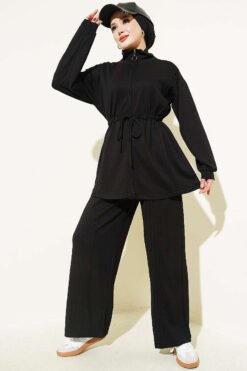 Waist-Elastic Ribbed French Terry Two-Piece Set Black