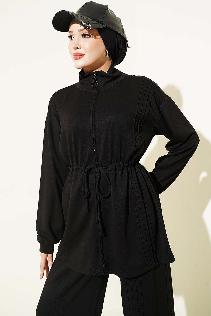 Waist-Elastic Ribbed French Terry Two-Piece Set Black - immagine 2
