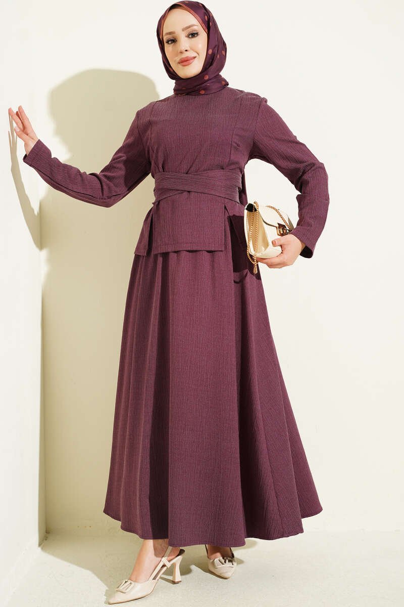 Waist-tie Detailed Hem Edge Two-Piece Set Plum