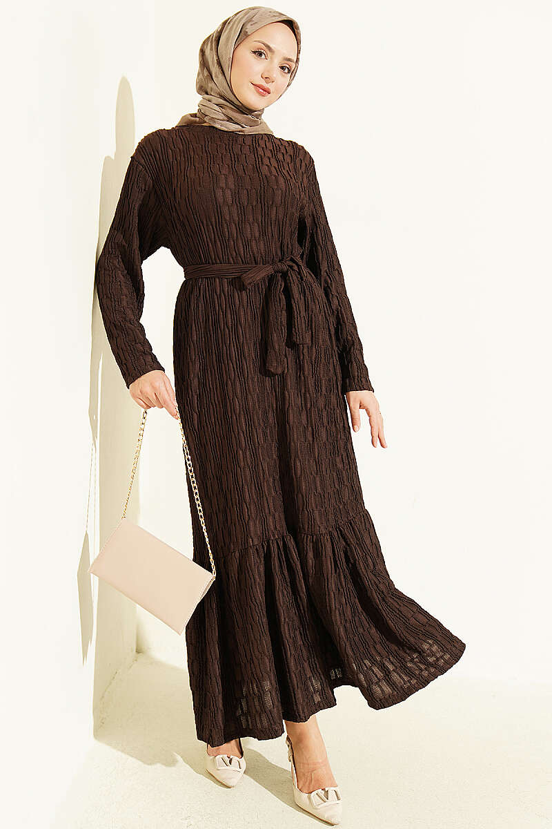 Striped Ruffled Belted Dress Coffee Brown