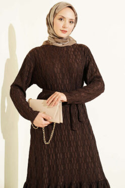 Alternative view of Striped Ruffled Belted Dress Coffee Brown