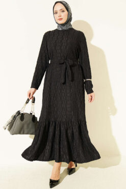 Striped Ruffled Belted Dress Black