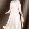 Gathered Waist Tie Detail Modest Dress Beige - الصورة 3