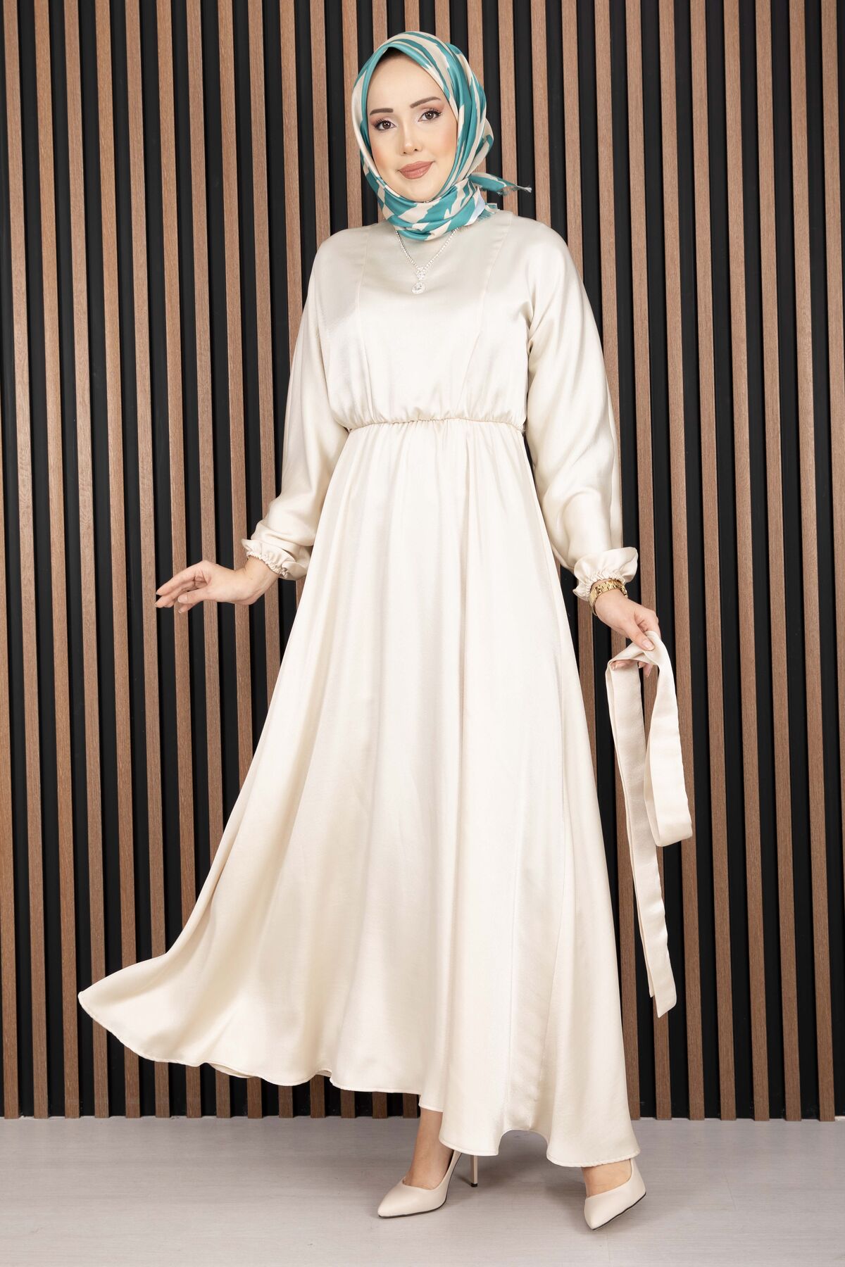 Gathered Waist Tie Detail Modest Dress Beige - الصورة 3