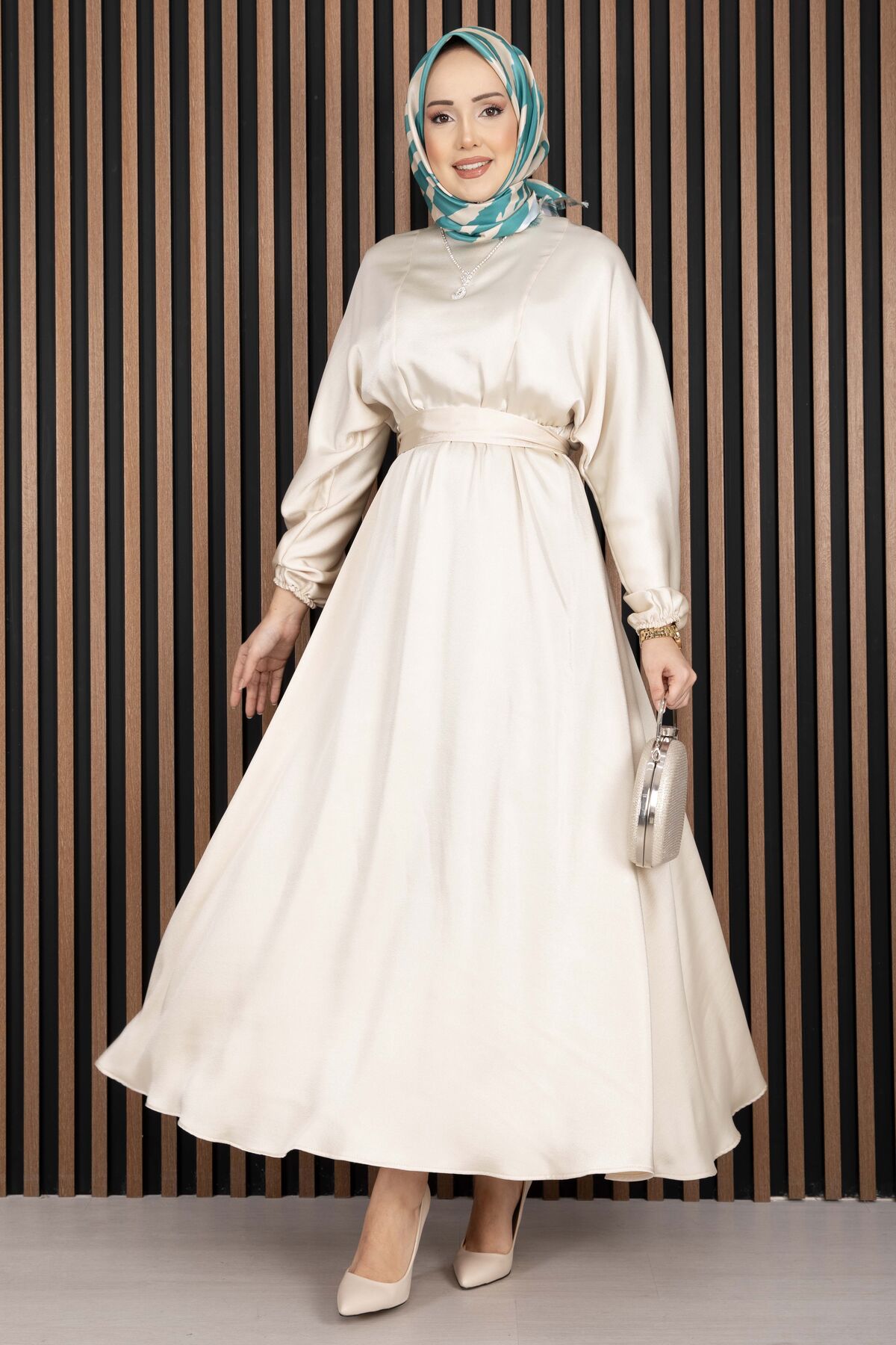 Gathered Waist Tie Detail Modest Dress Beige
