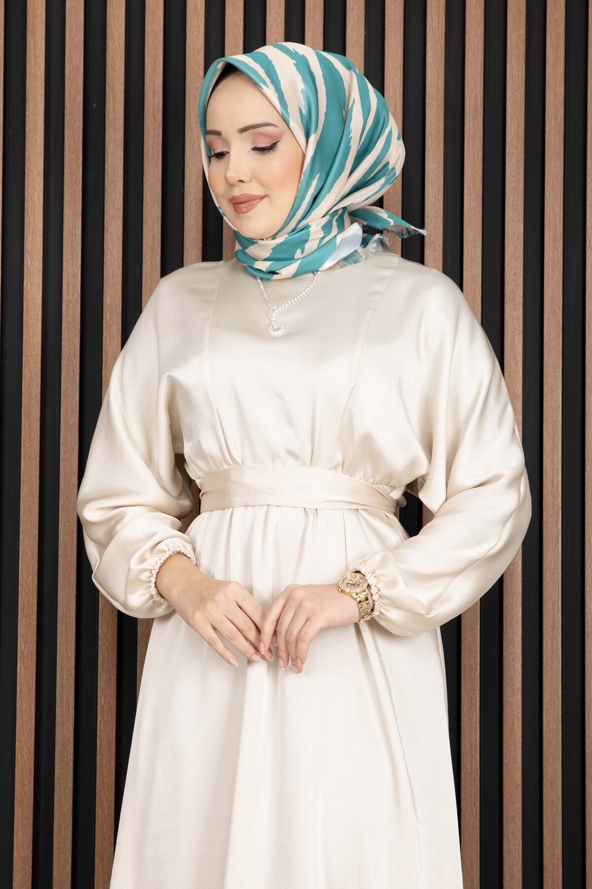 Gathered Waist Tie Detail Modest Dress Beige - الصورة 2
