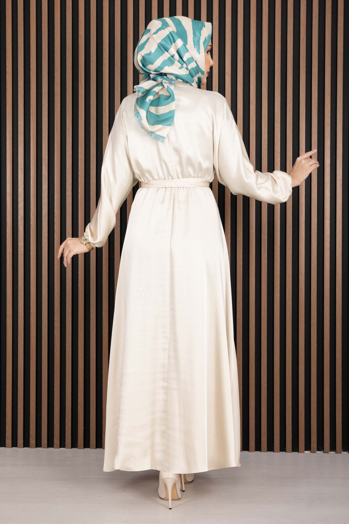 Gathered Waist Tie Detail Modest Dress Beige - الصورة 4