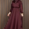 Gathered Waist Tie Detail Modest Dress Burgundy – Image 3