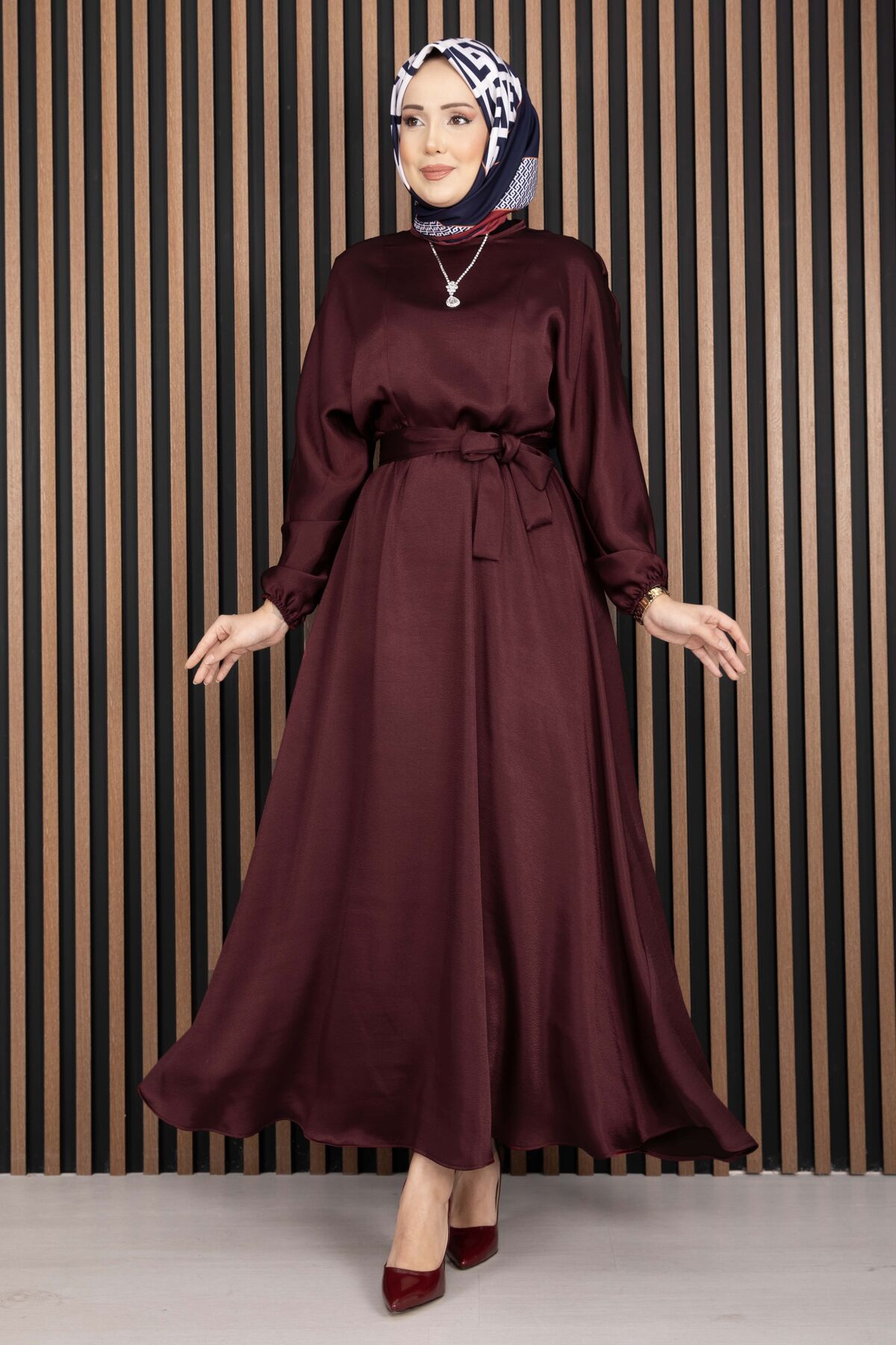 Gathered Waist Tie Detail Modest Dress Burgundy