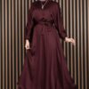 Gathered Waist Tie Detail Modest Dress Burgundy – Image 4
