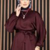 Gathered Waist Tie Detail Modest Dress Burgundy – Image 2