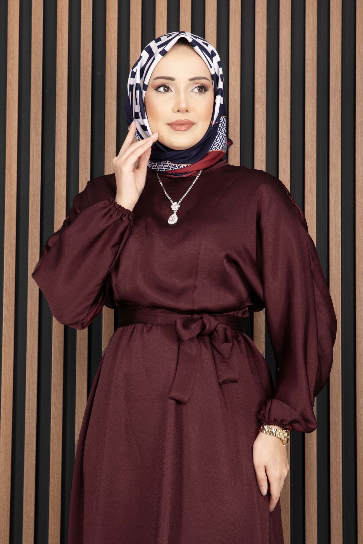 Gathered Waist Tie Detail Modest Dress Burgundy – Image 2