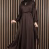 Gathered Waist Tie Detail Modest Dress Brown – Bild 3