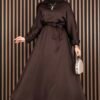 Gathered Waist Tie Detail Modest Dress Brown