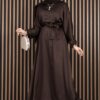 Gathered Waist Tie Detail Modest Dress Brown – Bild 4