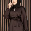 Gathered Waist Tie Detail Modest Dress Brown – Bild 2