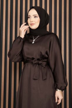 Alternative view of Gathered Waist Tie Detail Modest Dress Brown