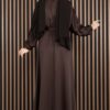 Gathered Waist Tie Detail Modest Dress Brown – Bild 5