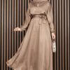 Gathered Waist Tie Detail Modest Dress Mink – Image 3