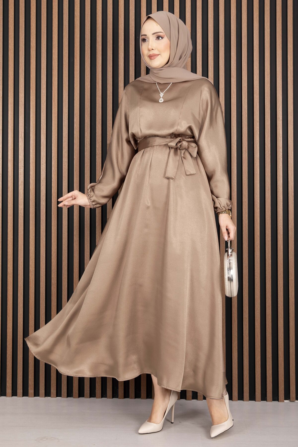 Gathered Waist Tie Detail Modest Dress Mink – Image 3