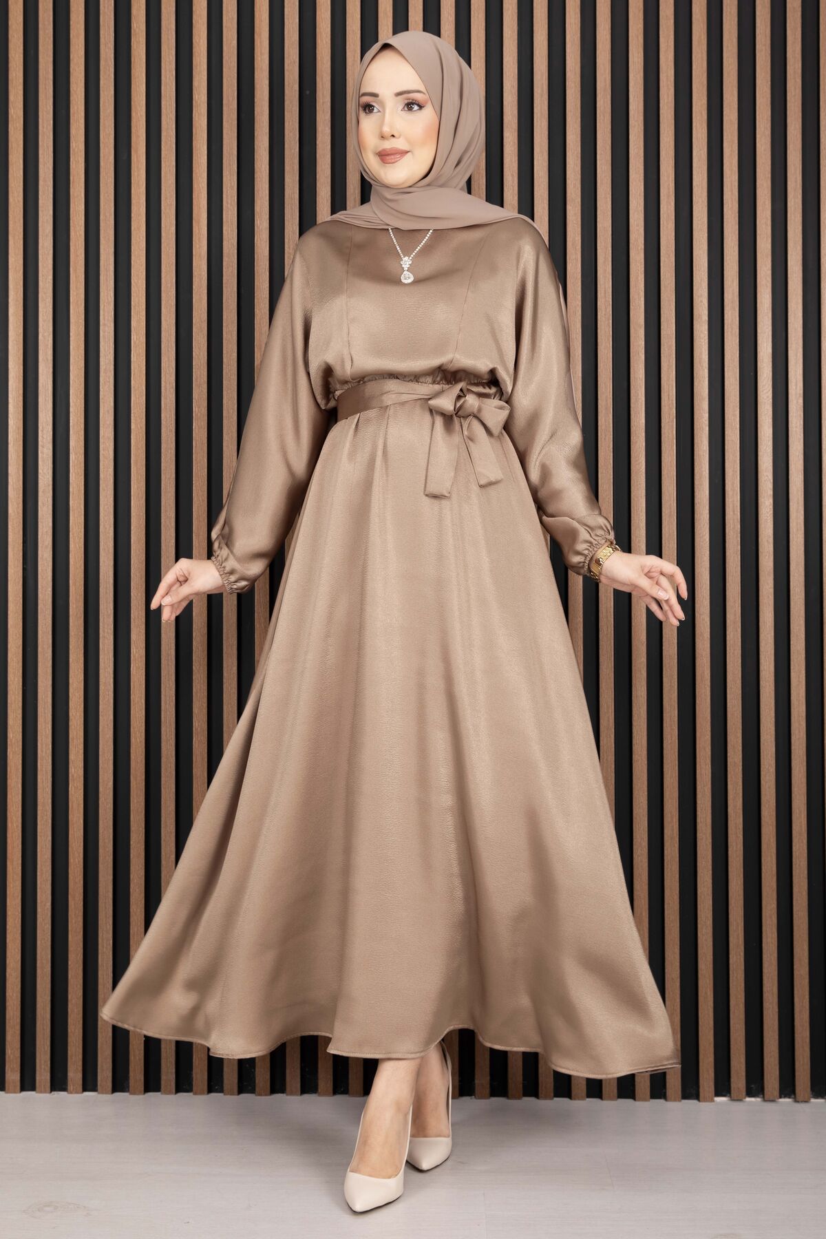 Gathered Waist Tie Detail Modest Dress Mink – Image 5