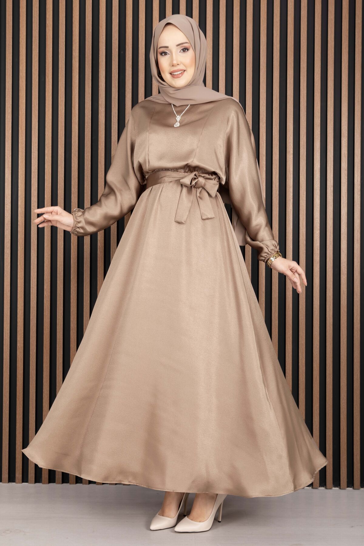 Gathered Waist Tie Detail Modest Dress Mink