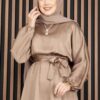 Gathered Waist Tie Detail Modest Dress Mink – Image 2