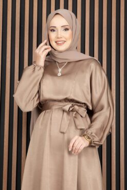 Alternative view of Gathered Waist Tie Detail Modest Dress Mink