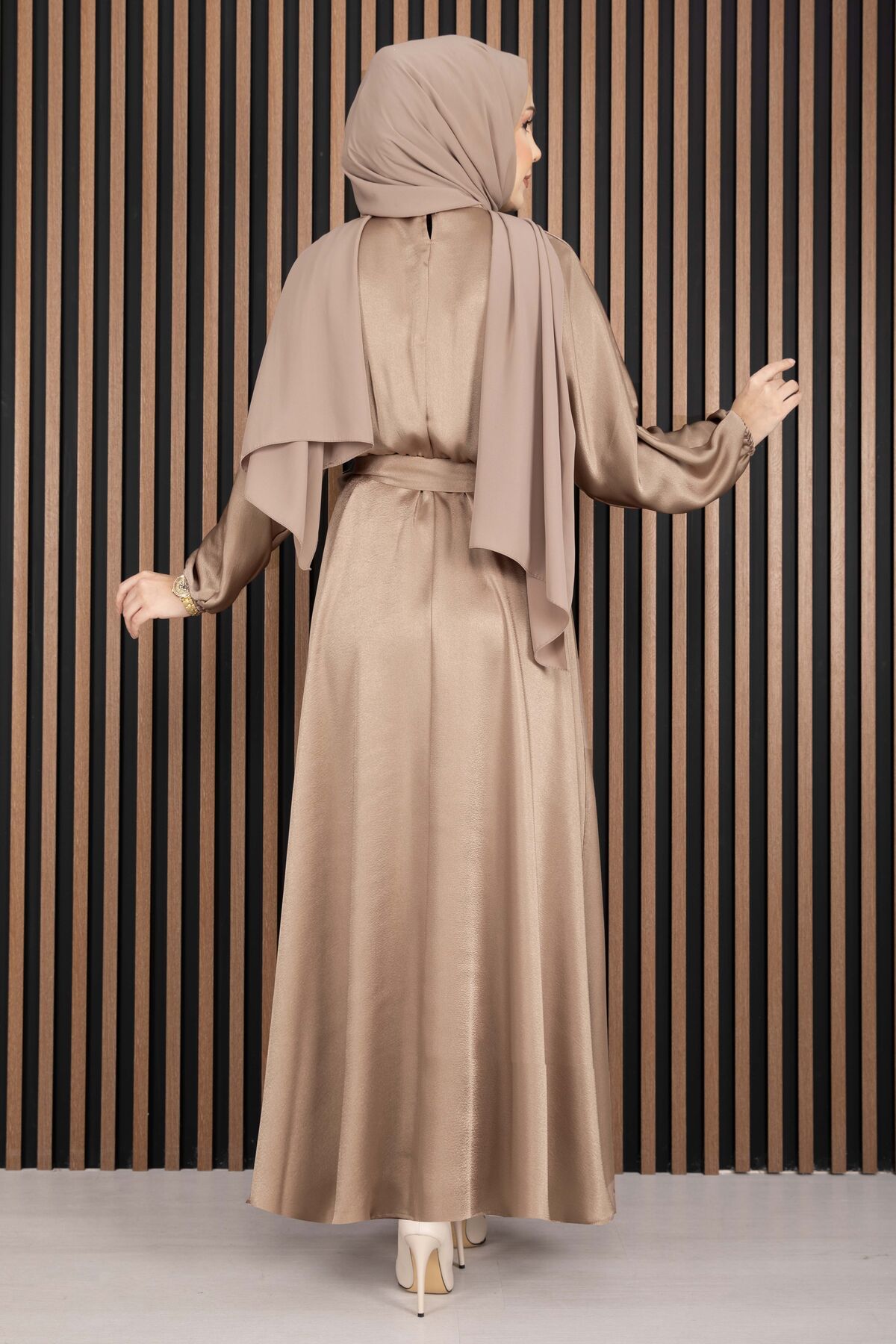 Gathered Waist Tie Detail Modest Dress Mink – Image 6