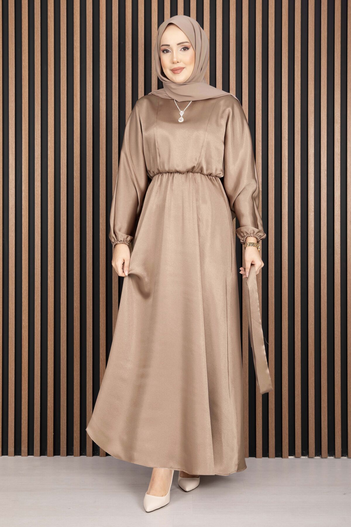 Gathered Waist Tie Detail Modest Dress Mink – Image 4