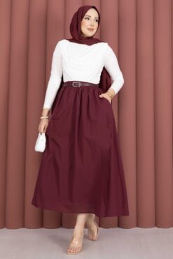 Belted Pocketed Casual Summer Skirt Burgundy