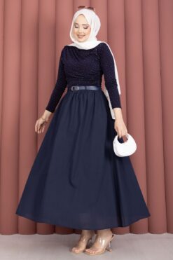 Belted Pocketed Casual Summer Skirt Navy Blue
