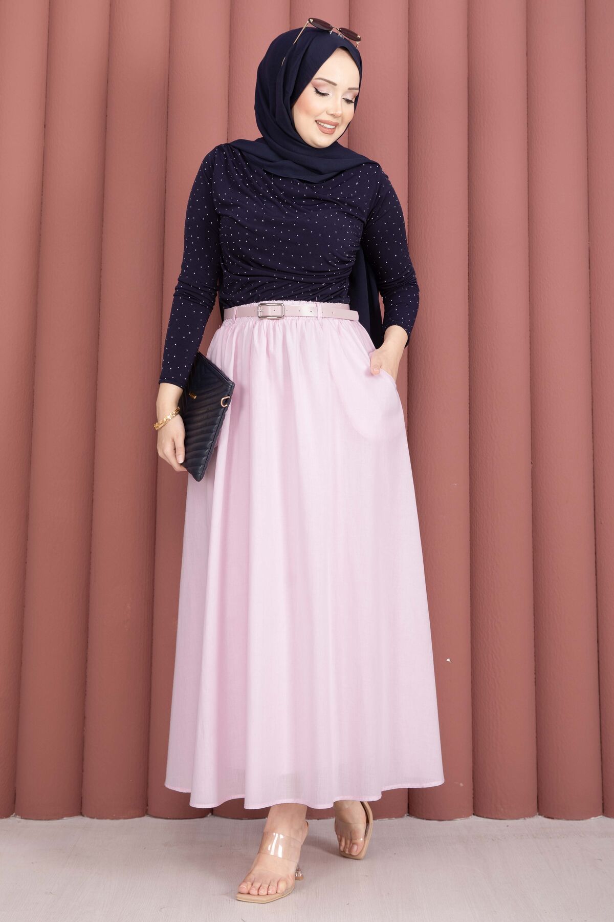 Belted Pocketed Casual Summer Skirt Pink - الصورة 3