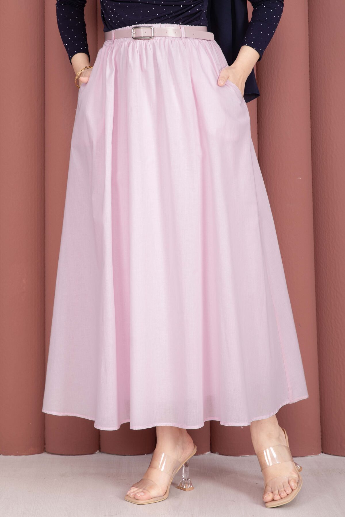 Belted Pocketed Casual Summer Skirt Pink - الصورة 2