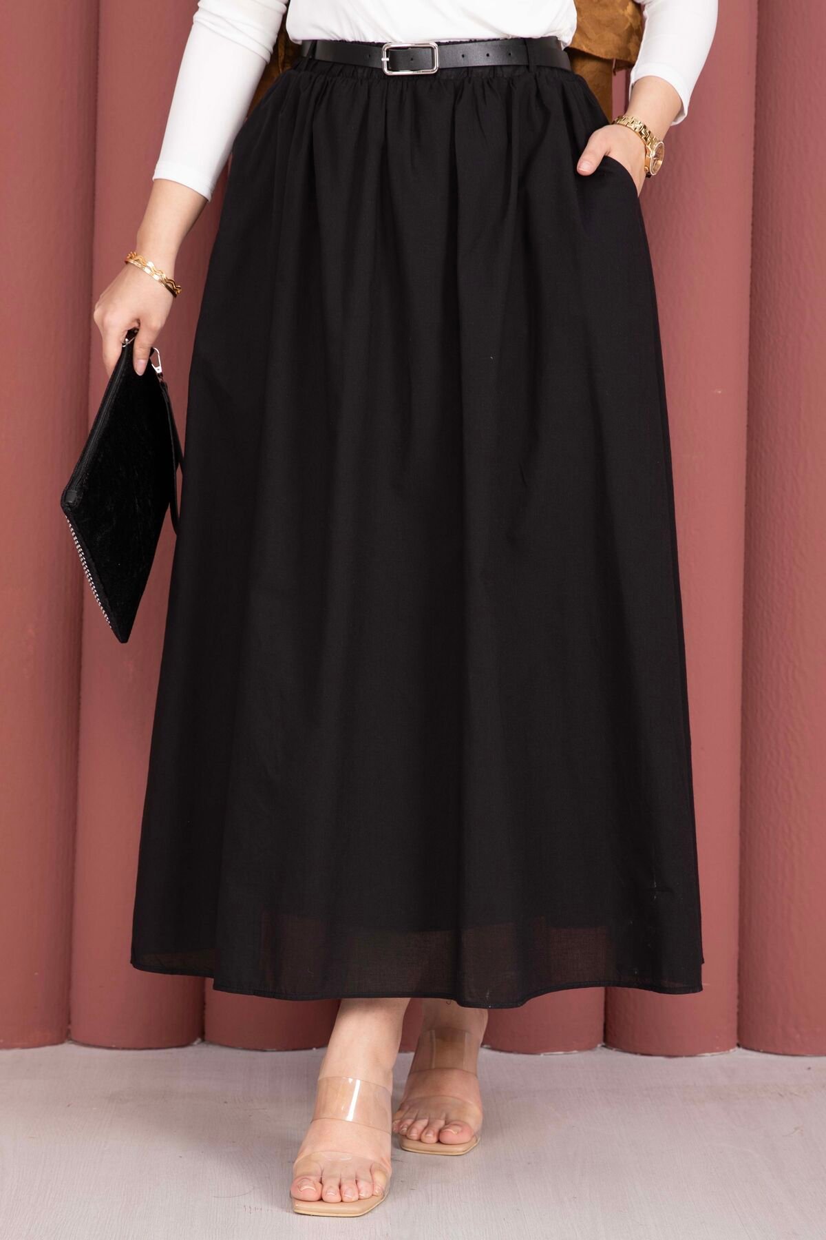 Belted Pocketed Casual Summer Skirt Black - Image 2