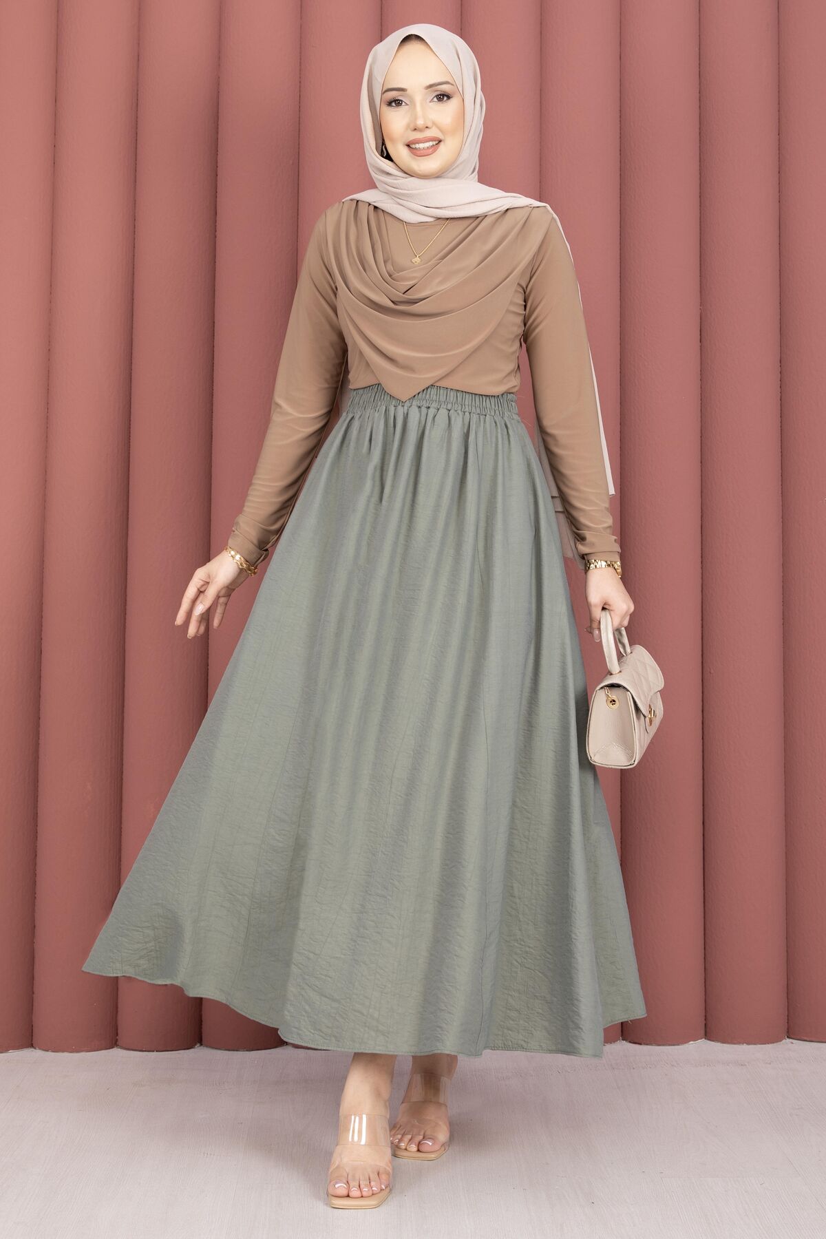 Elastic Waistband with Pocket Detail Hem Edge Skirt Mint - Image 3